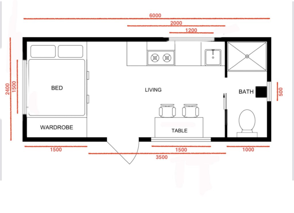 floorplan dimensions for a tiny home